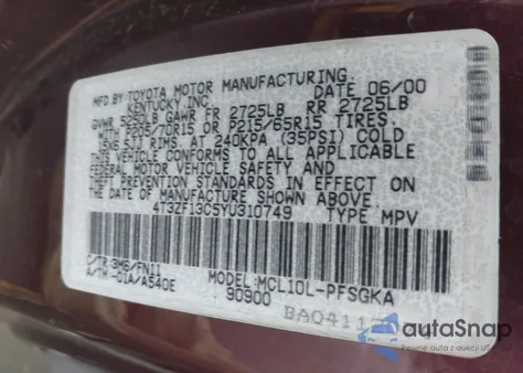 2000 Toyota Sienna Le z USA, uszkodzony, nr VIN 4T3ZF13C5YU310749